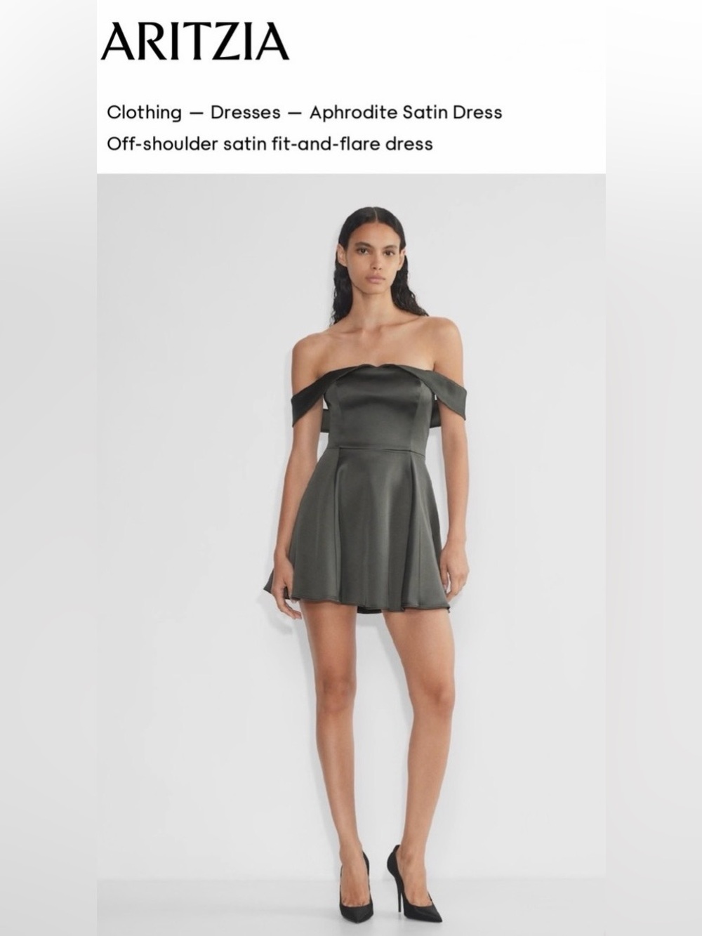 NWOT - Aritzia Aphrodite Dress. Off-Shoulder Satin Mini Dress (grey/olive green)